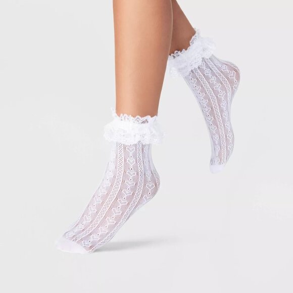 A New Day Accessories - A New Day Women's Crochet Heart Sheer Anklet Socks with Lace Ruffle White NEW!